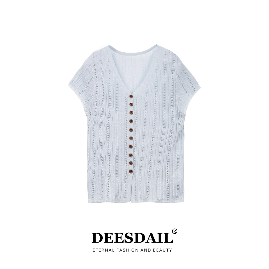【304】DEESDAIL设计师v领勾花镂空开衫上衣百搭轻奢t恤女装Y252