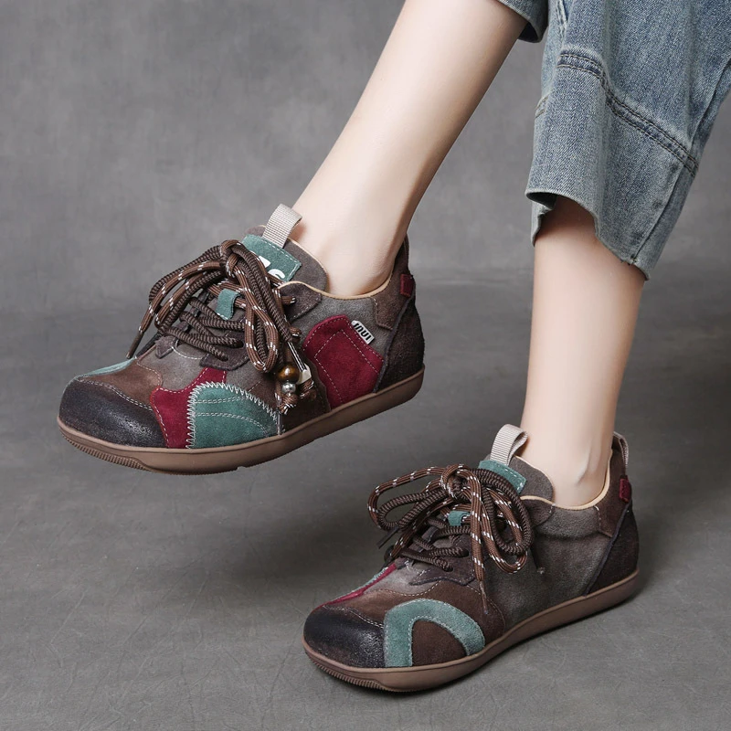 25秋季新款真皮磨砂休闲系带女鞋时尚撞色补丁鞋软底平底女鞋
