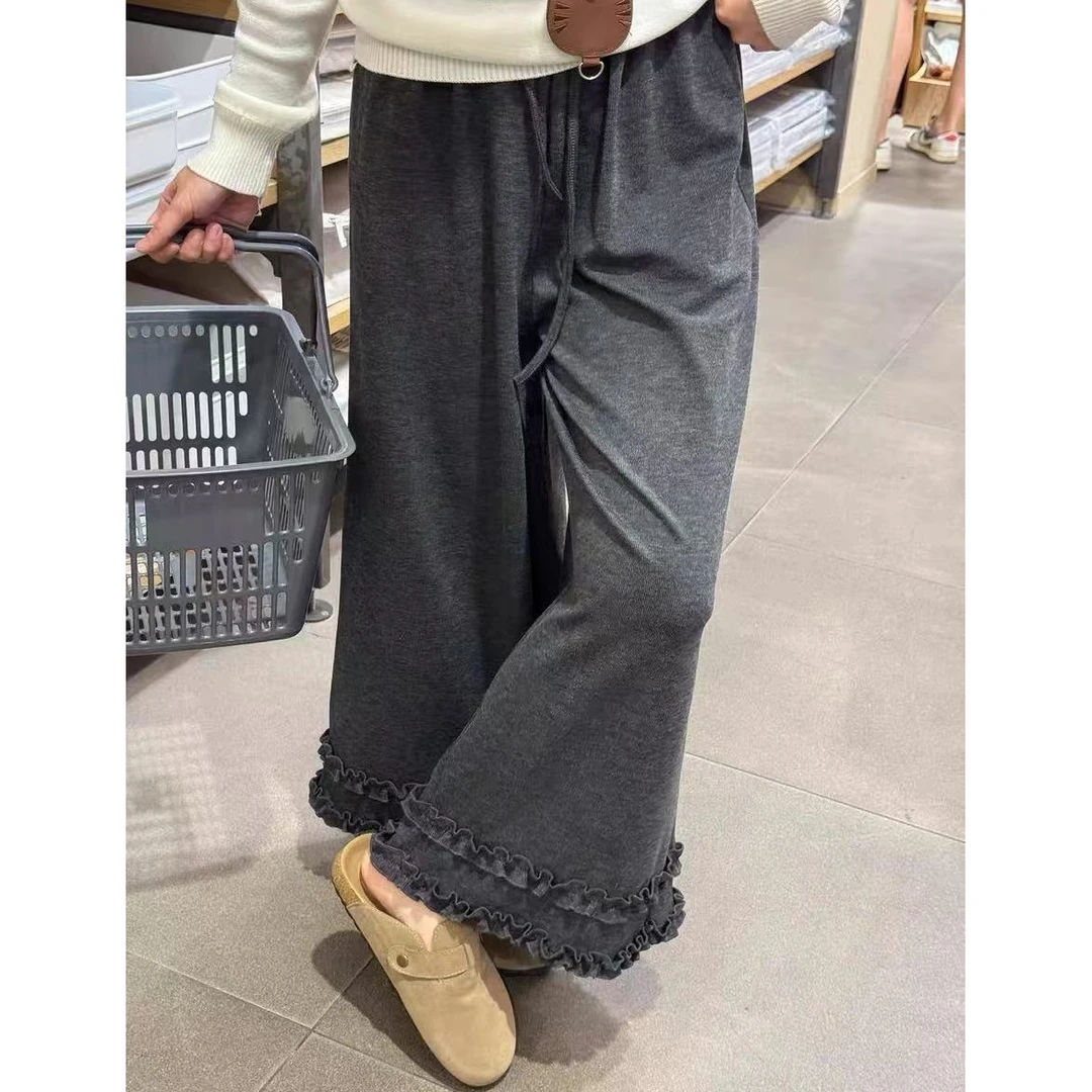 秋装深灰色花边阔腿针织糯米裤女宽松休闲裤韩系慵懒松弛感九分裤