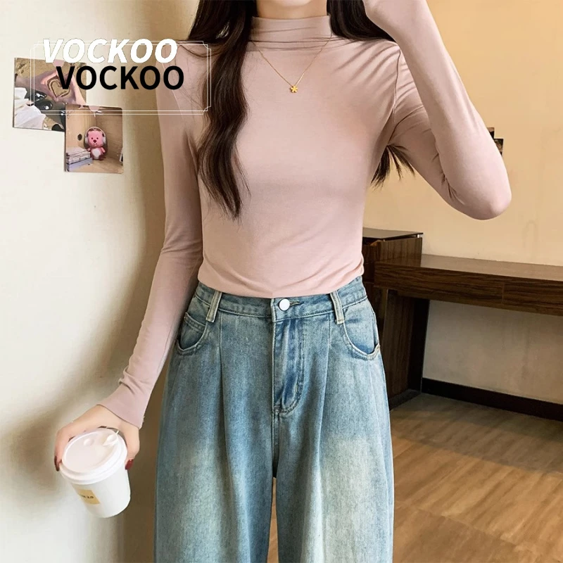 粉色莫代尔半高领修身女2024新款春秋季洋气内搭高级感薄款长袖