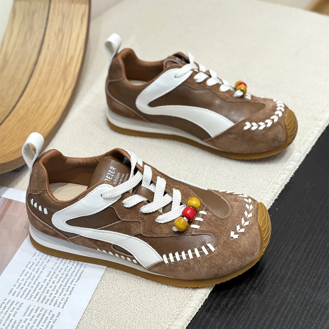 真皮时髦潮流串珠歪头德训鞋女2025新款秋丑萌平底时尚超火阿甘鞋