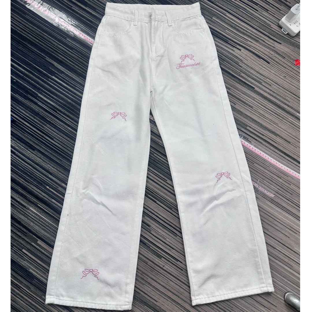 白色牛仔直筒裤（微瑕）时尚女夏季休闲风高腰刺绣辣妹风