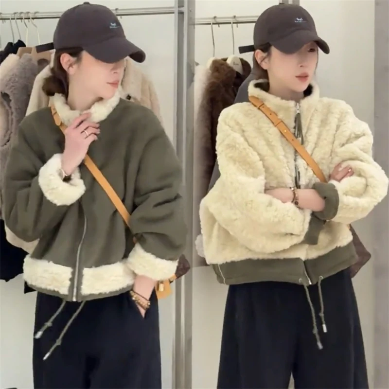 复古立领拼接毛毛双面穿拉链短款外套女2025秋冬新款宽松百搭上衣