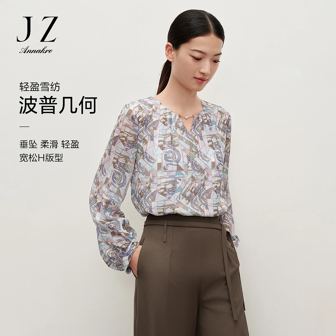 玖姿安娜蔻简约复古流行链条花宽松雪纺衫上衣JTEQ80114