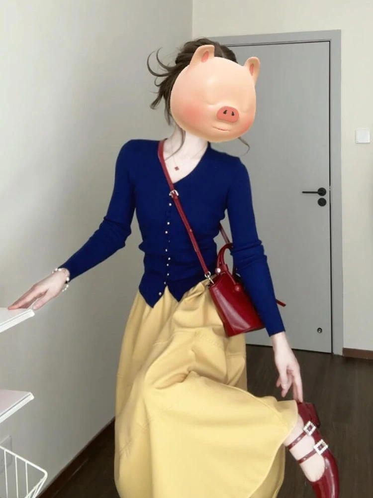 秋季法式v领长袖针织开衫女秋季新款修身显瘦百搭半身裙套装女