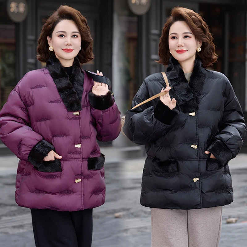 时尚妈妈装立领羽绒服外套90白鸭绒2025冬季新品中老年女装上衣