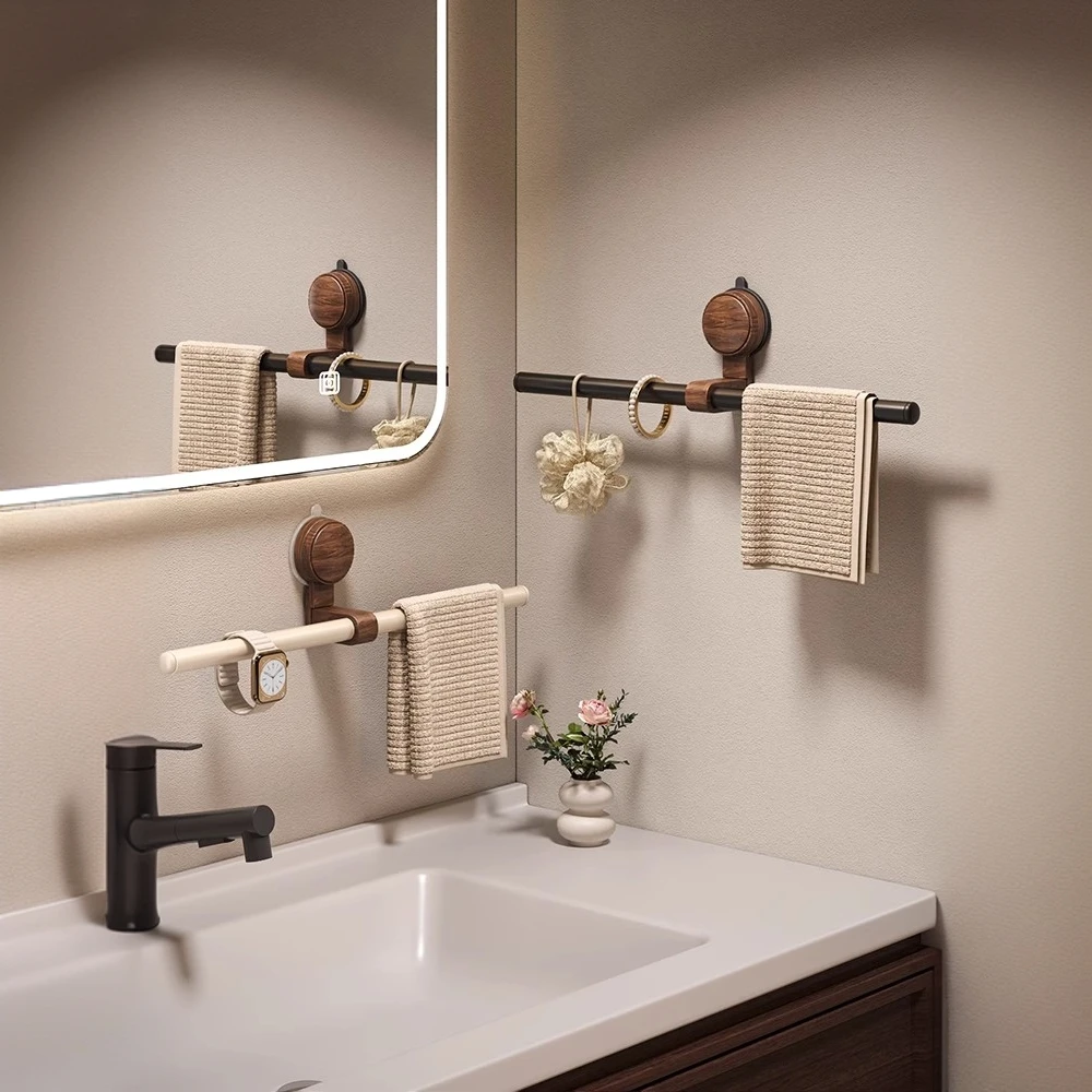 吸盘胡桃木毛巾架家用浴室卫生间复古风洗脸巾支架免打孔毛巾杆