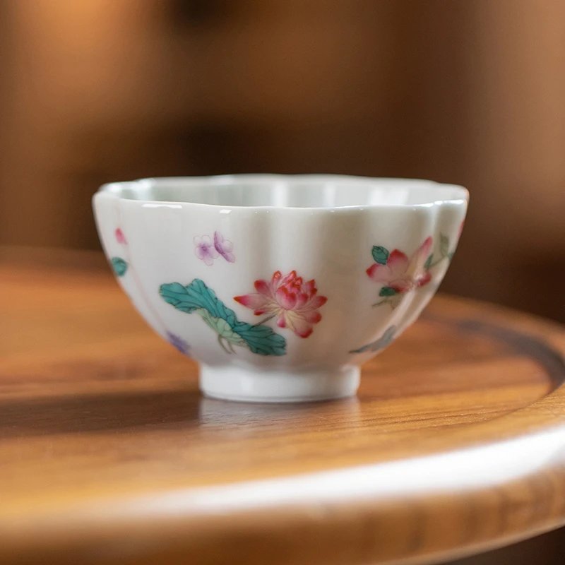 一思堂  主人杯单杯景德镇陶瓷手绘粉彩折枝花卉莲瓣杯个人茶杯