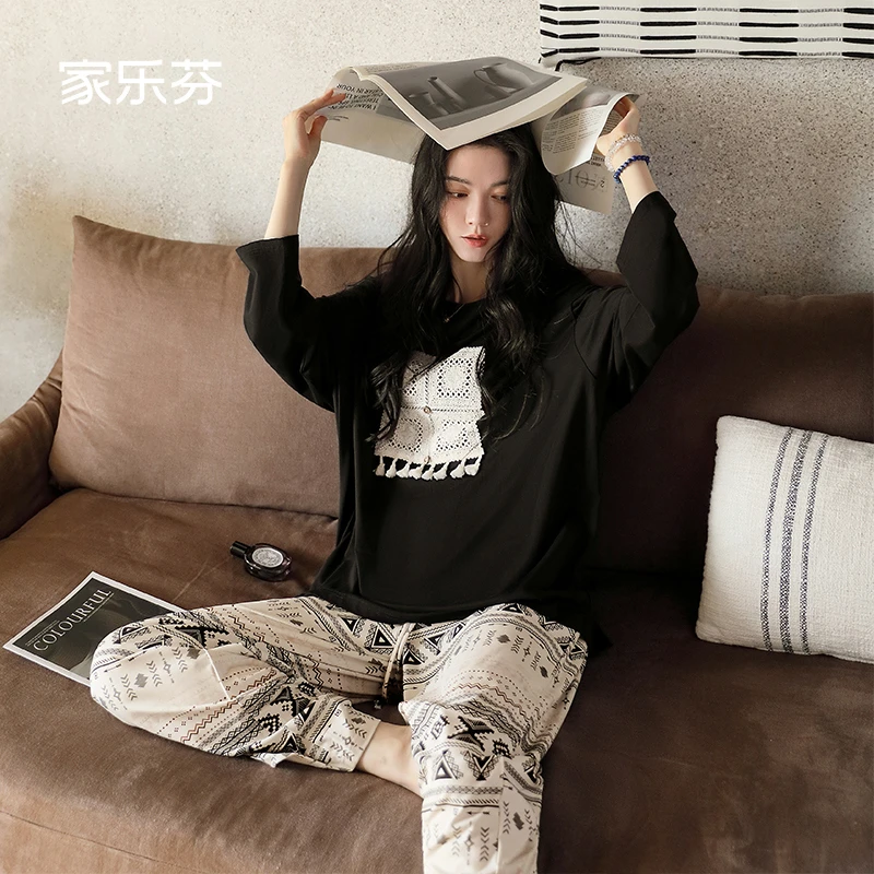 家乐芬睡衣女士春秋款秋季纯棉圆领长袖家居服大码阔腿高级感套装