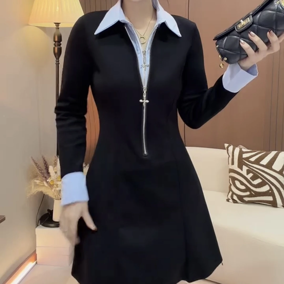 秋冬新款时尚百搭撞色翻领假两件收腰显瘦连衣裙