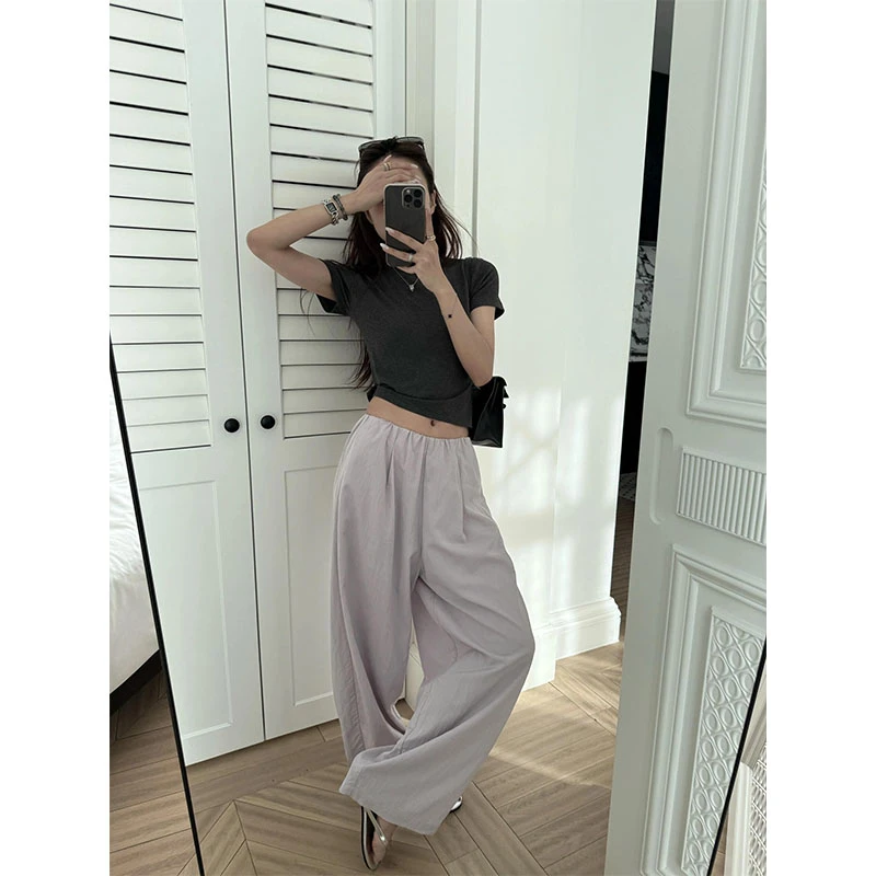 韩系百搭老钱风松弛感休闲短袖T恤夏季新款宽松百搭阔腿裤两件套