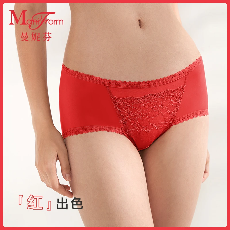 「曼妮芬 · 红运连连」女士无痕性感蕾丝舒适棉内裤三角中低腰短裤