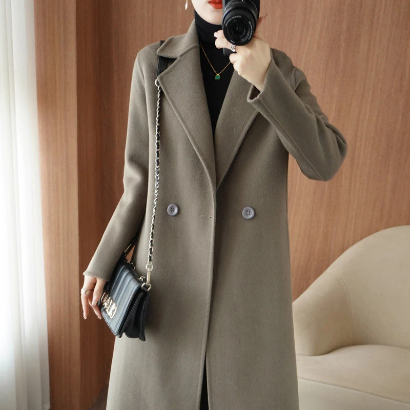 羊毛秋冬新干练漂亮凌厉赫本风手工双面呢中长款羊绒大衣女