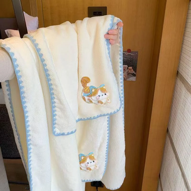 可爱甜心猫珊瑚浴巾女毛巾速干吸水学生宿舍成人干发帽家用裹巾
