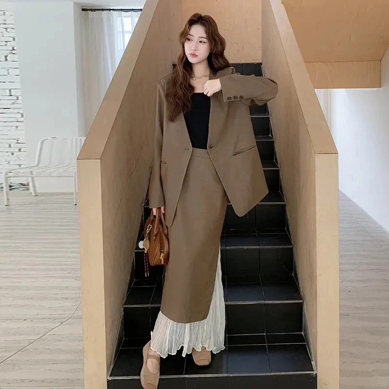 韩版休闲咖色西装半身裙套装女早秋又a又飒御姐两件套贵气感穿搭