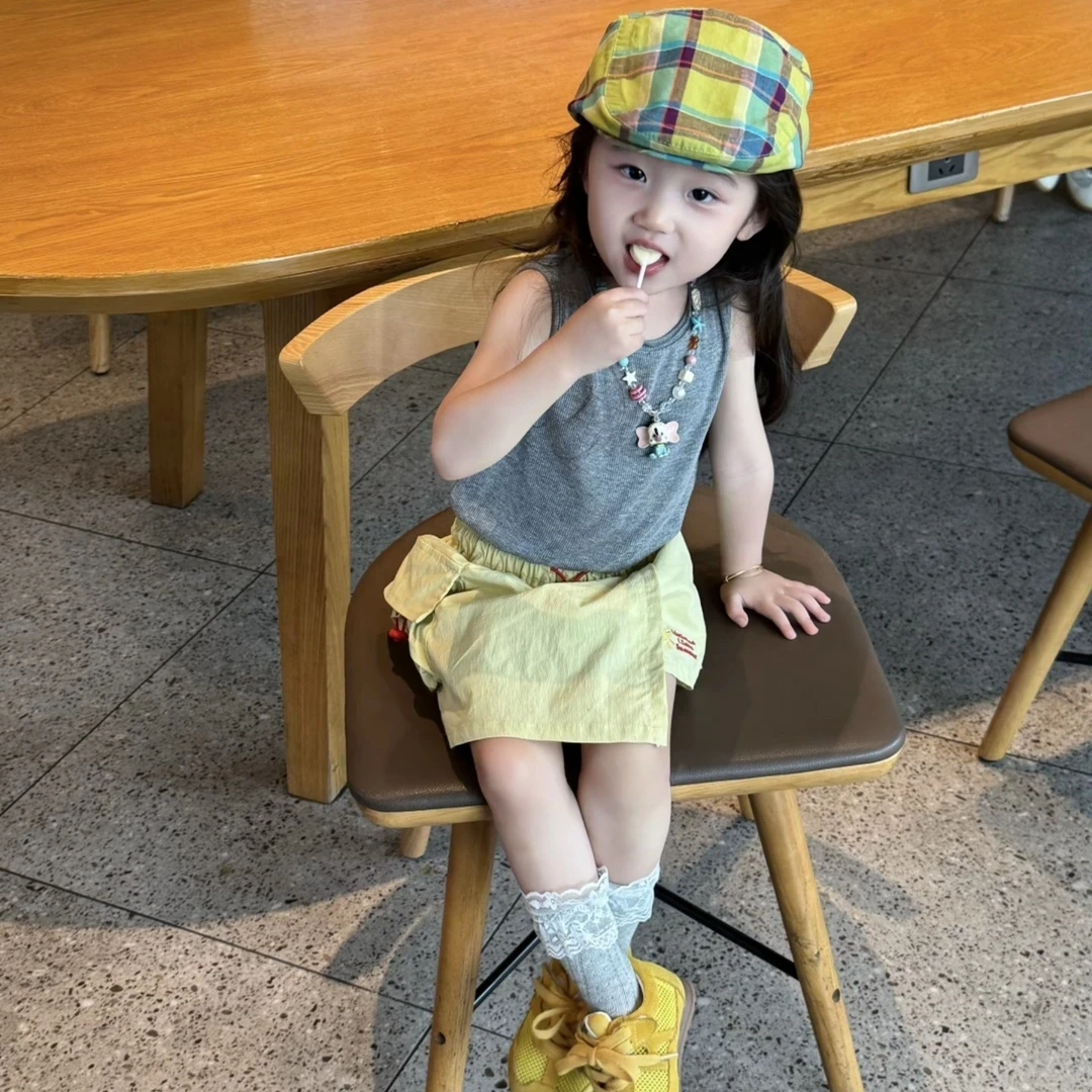 壹妈童装韩版女童时髦洋气套装2025夏装新款儿童灰色背心黄色裙裤