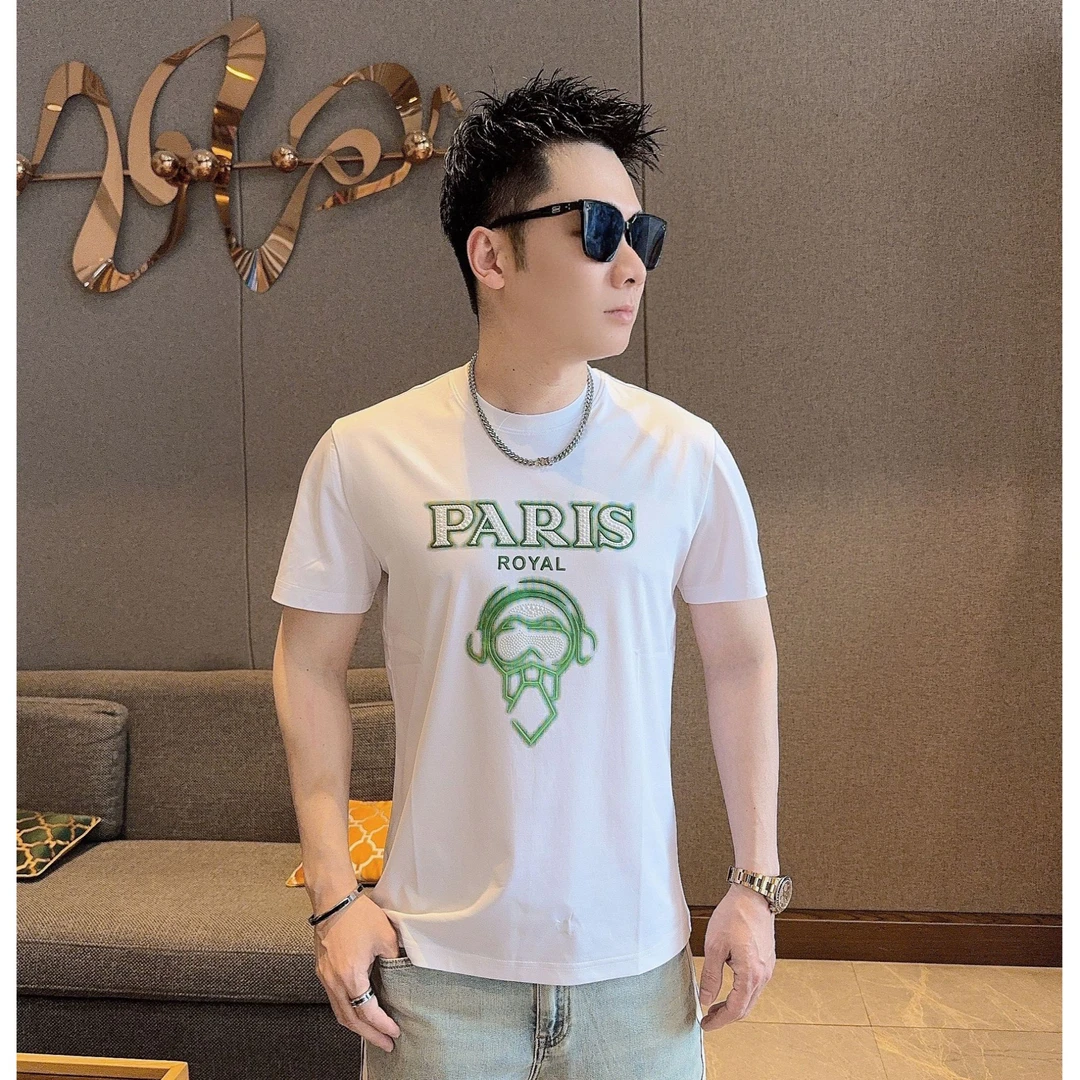2025男士夏季时尚圆领冰丝休闲短袖硅胶印花欧货高品质正肩T恤