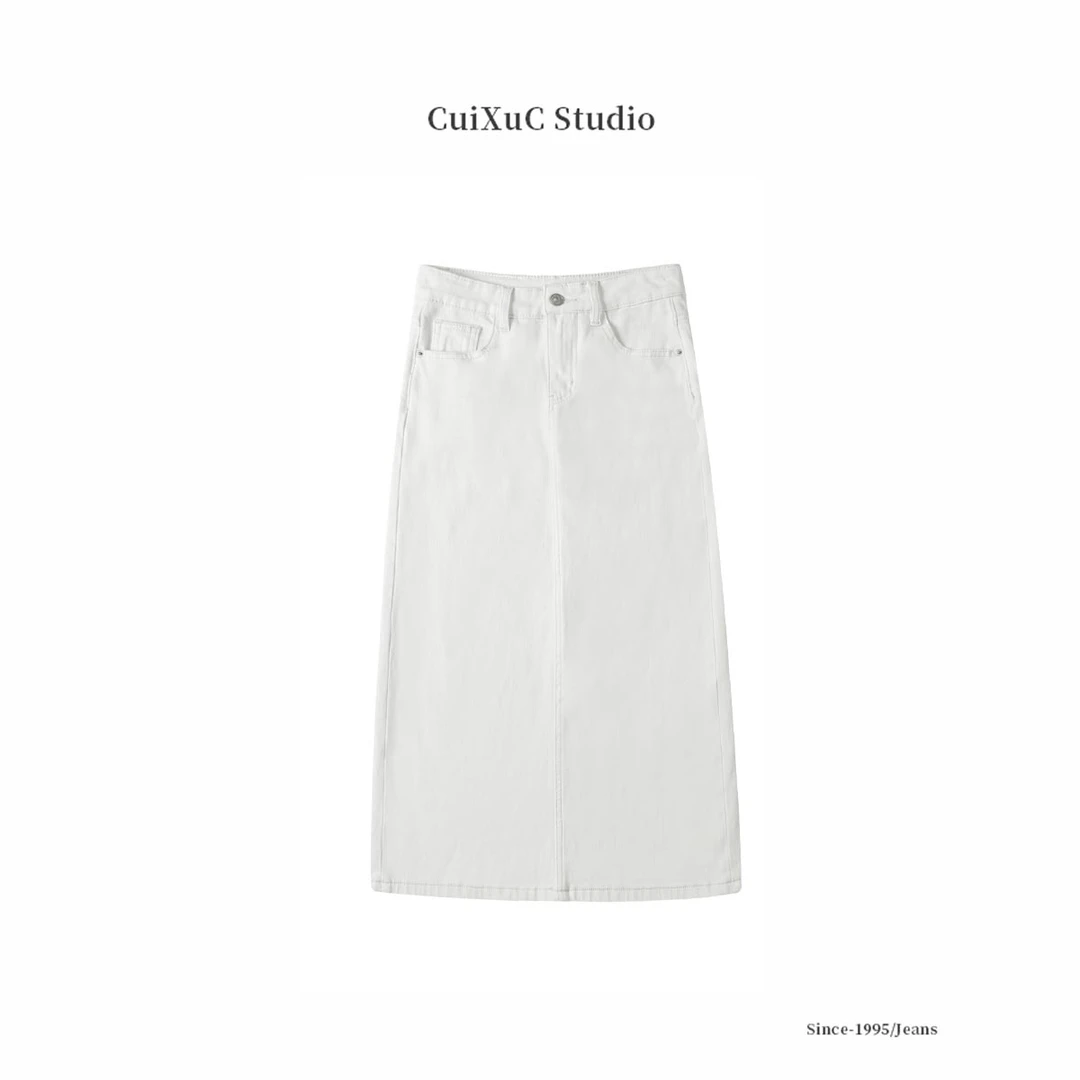 信纸夏季薄款“高腰”白色浅蓝色A字前后开叉显瘦牛仔裙半身裙