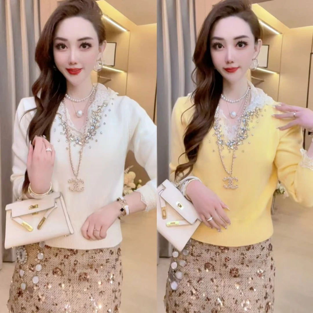 【茉莉】重工钉珠连帽蕾丝轻奢百搭显瘦针织上衣