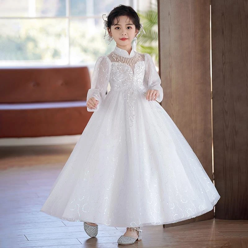 范哲萨女童春秋生日公主裙新款白色主持人礼服儿童小提琴钢琴演奏