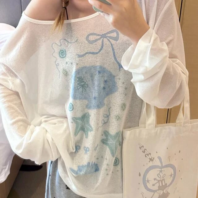 凡他姨【人鱼旋律】直喷数码印花罩衫宽松圆领长袖T斜肩上衣慵懒