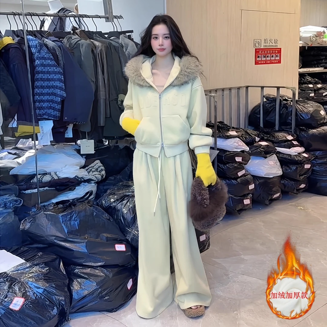 巨好看的冬装一整套时尚休闲洋气高级感毛领加绒卫衣阔腿裤两件套