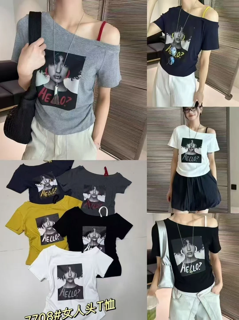 无品牌夏季一字领辣妹露肩穿搭短袖t恤美女