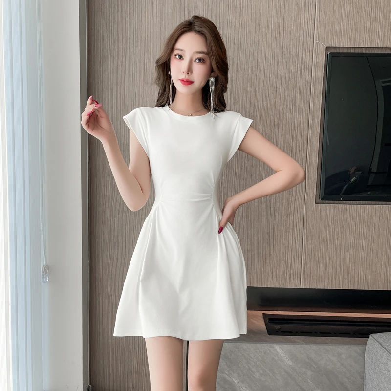 赫本风气质掐腰裙遮肉A字短裙夏季小个子修身收腰显瘦无袖连衣裙