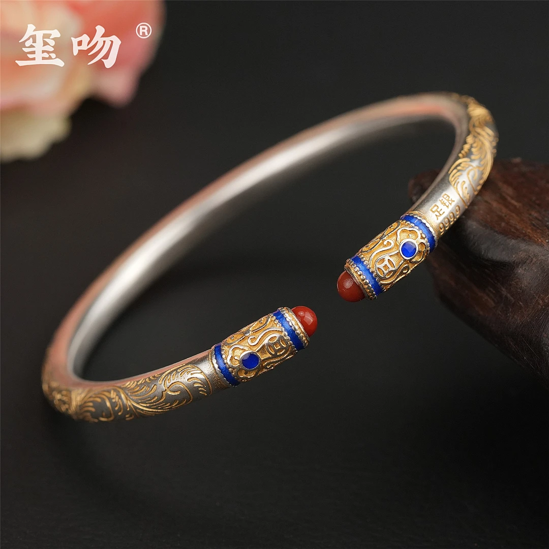 足银手镯 【玺吻】足银999.9描金唐草纹手镯如意法棍平安喜乐开口镯
