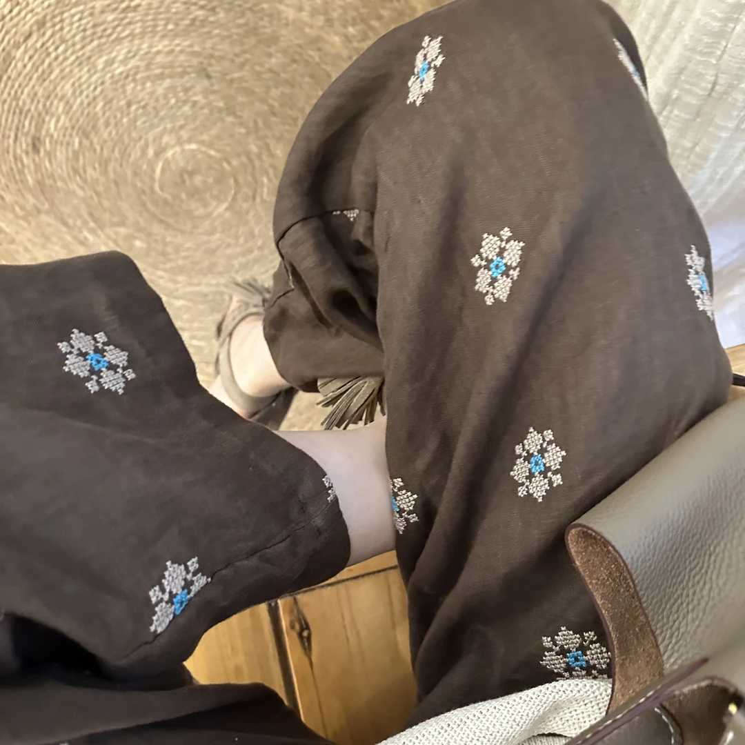 刺绣亚麻裤 全松紧腰直筒亚麻裤