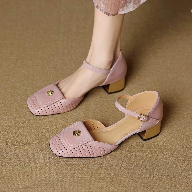 里外纯皮～牛皮4cm方头山茶花法式中跟百搭玛丽珍时尚气质时装凉鞋