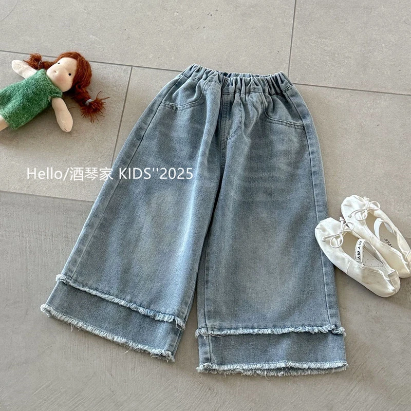 女童复古毛边浅蓝色直筒裤春季新品韩系儿童休闲宽松牛仔裤长裤潮