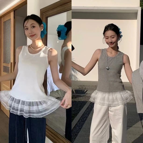 【W_ting】新款百搭春夏两色拼蕾丝花边背心82525