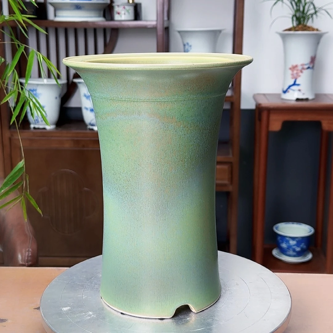 远***山绿釉哑光窑变陶瓷盆微瑕