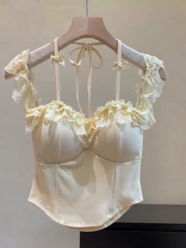 【崔】D0067 纯欲蕾丝花边吊带背心挂脖带胸垫小上衣无袖胸衣