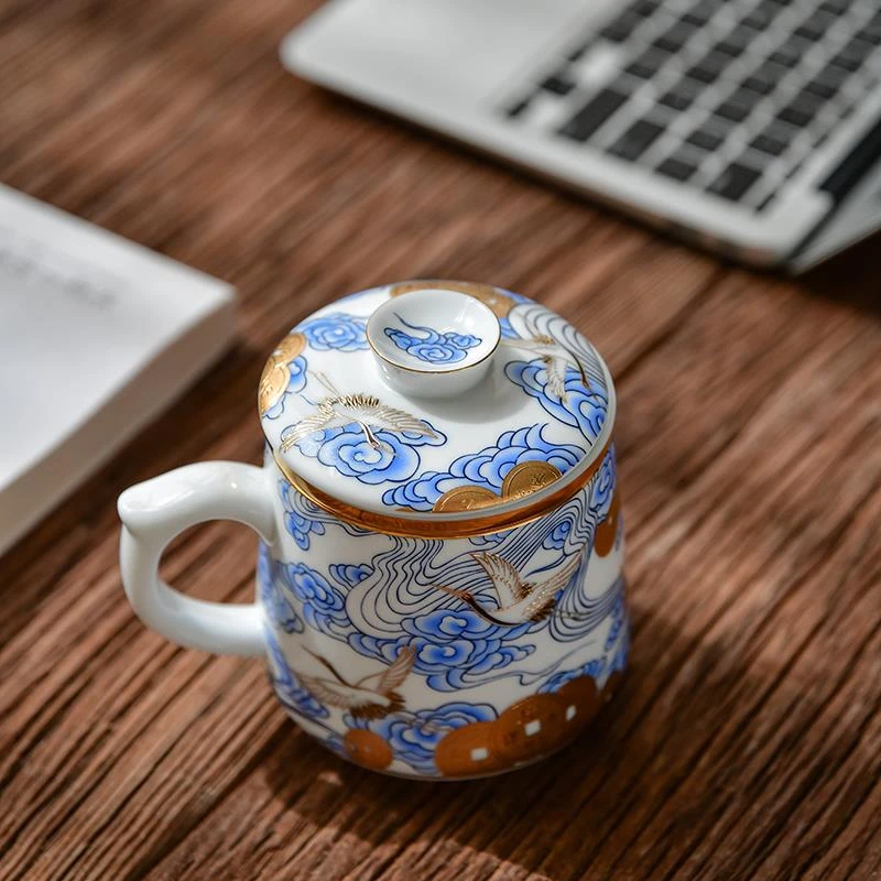 银茶杯鎏银990主人杯个人专用银水杯陶瓷茶杯茶水分离带盖