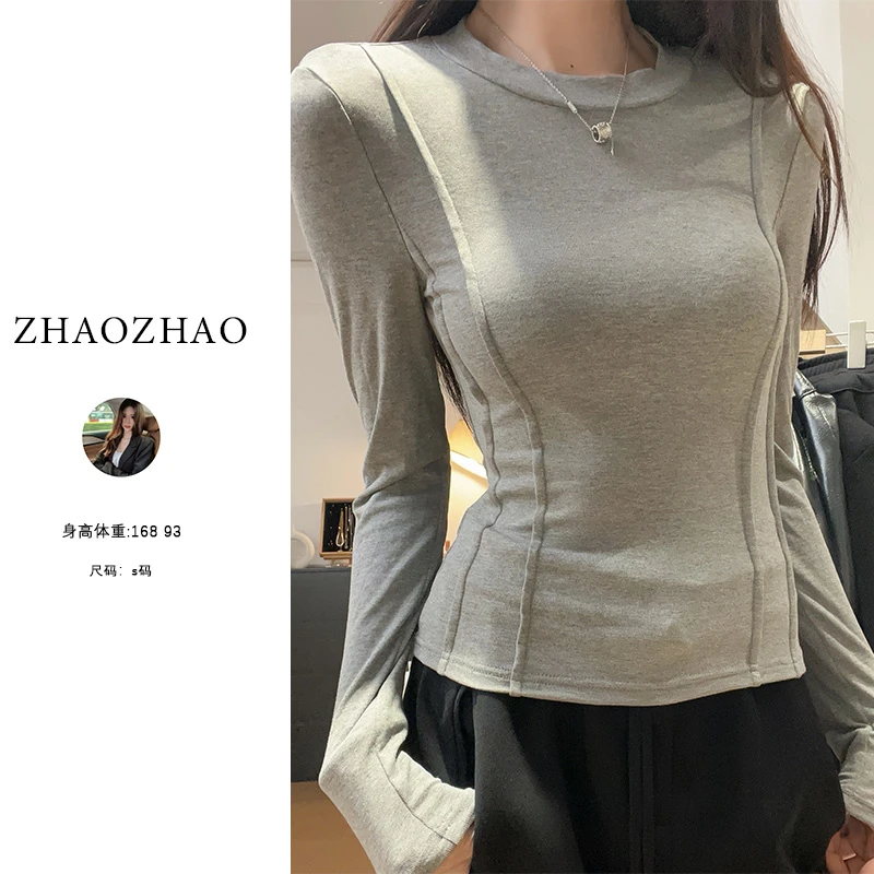 明线设计感圆领长袖打底衫修身磨毛气质内搭