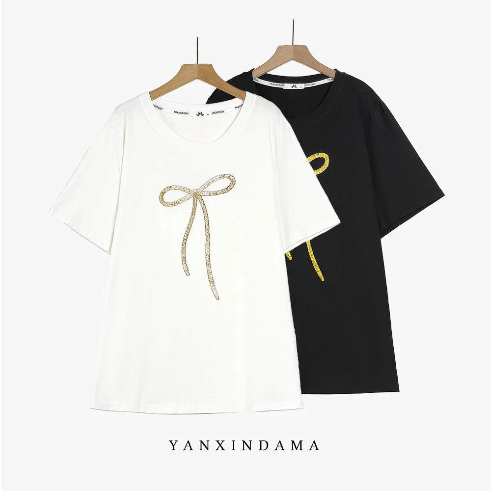 【岩心】大码女装300斤胖MM简约休闲百搭时尚蝴蝶结印花T恤66328