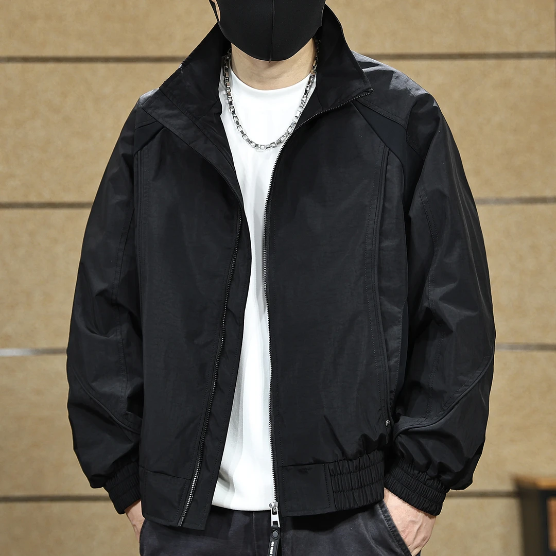 美式立领夹克男2025秋季新款宽松休闲工装外套黑色男装冲锋衣潮牌