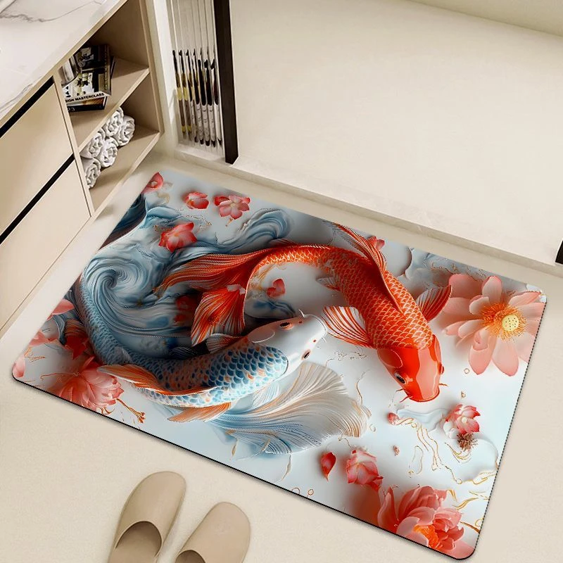 网红中式家用锦鲤荷花3d立体浴室吸水地垫速干厕所门口防滑脚垫