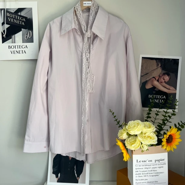 高端别致重工韩系春款长袖减龄衬衫蕾丝飘带小众宽松休闲上衣