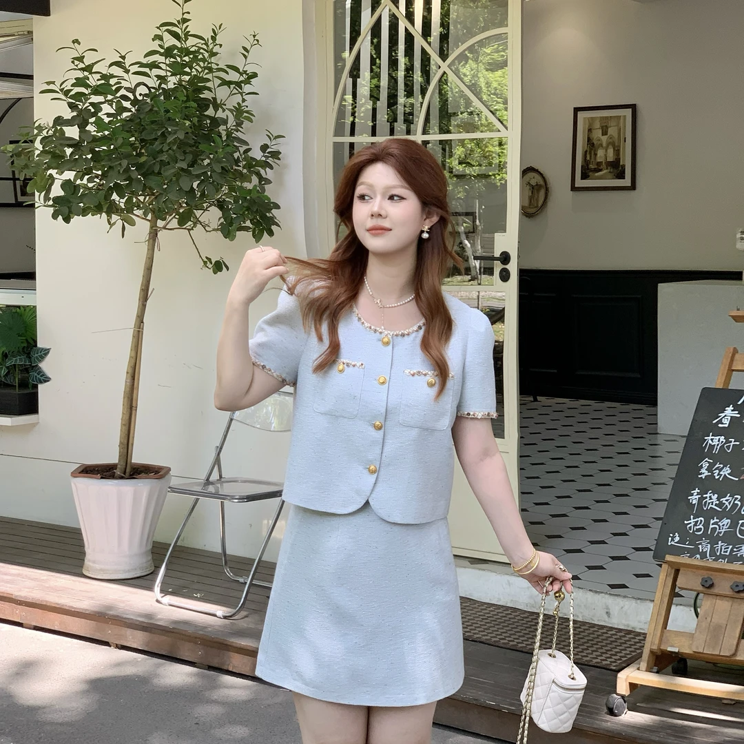 楠序胖mm微胖女装2025夏时尚减龄显瘦小香外套半裙两件套DD10326