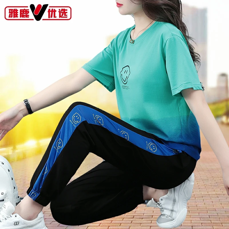 雅鹿优选休闲时尚薄款运动服套装女2025夏季新款短袖束脚裤两件套