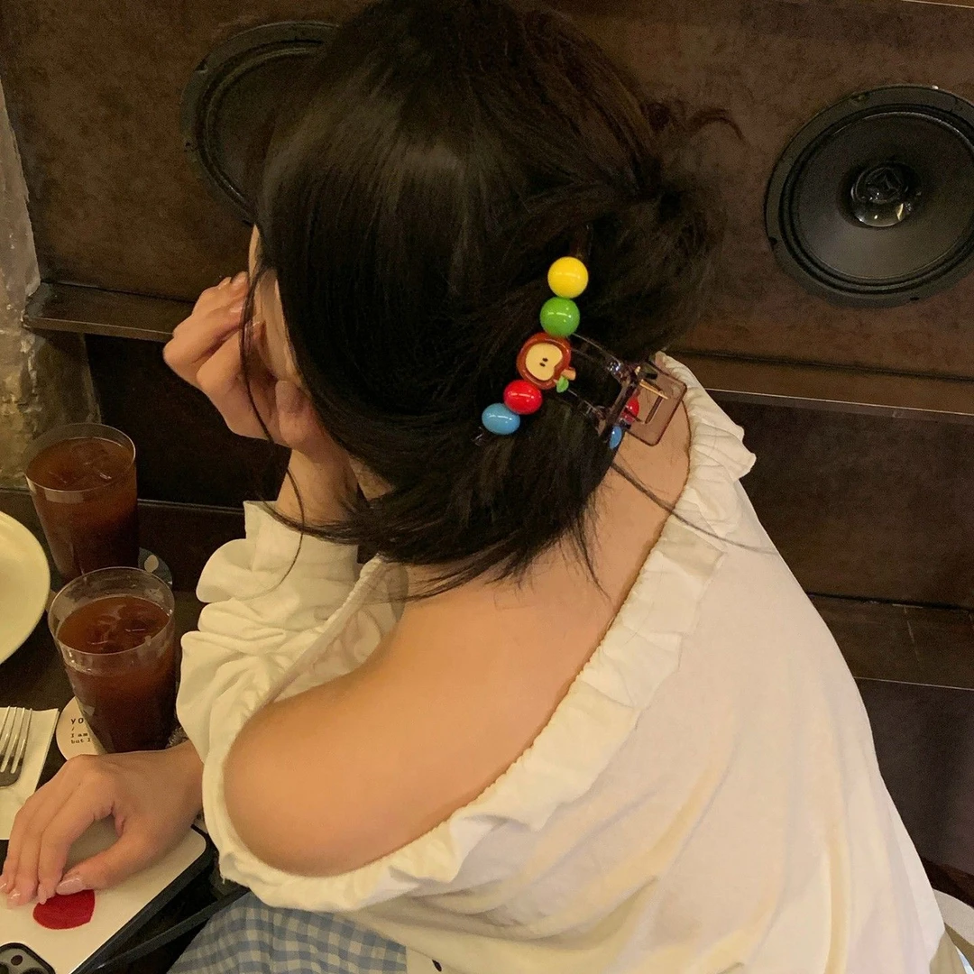 彩虹糖豆!可爱苹果撞色豆豆一字抓夹韩系少女鲨鱼夹后脑勺盘发夹