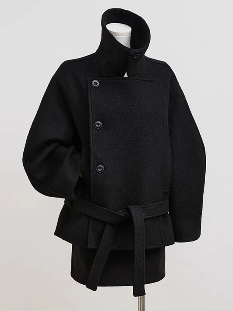 【金敏喜明星同款】黑色短款毛呢外套女加厚系带宽松羊毛呢子大衣