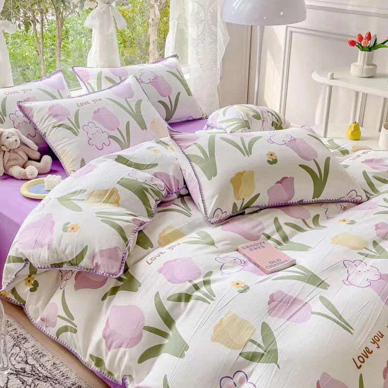 清仓微瑕水洗双层纱超柔四件套，尺寸200.230/230.240直角郁金香紫