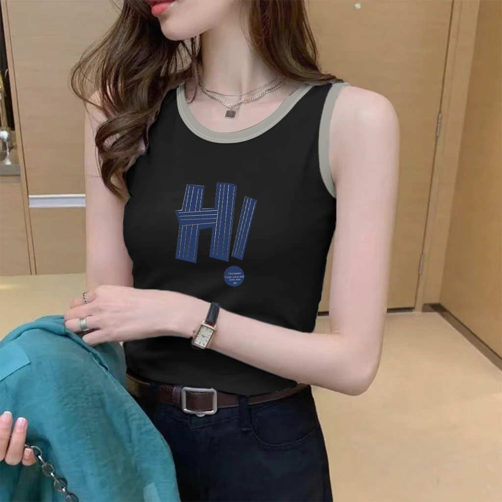 纯棉吊带背心女打底夏季韩版时尚修身显瘦白色印花圆领无袖上衣