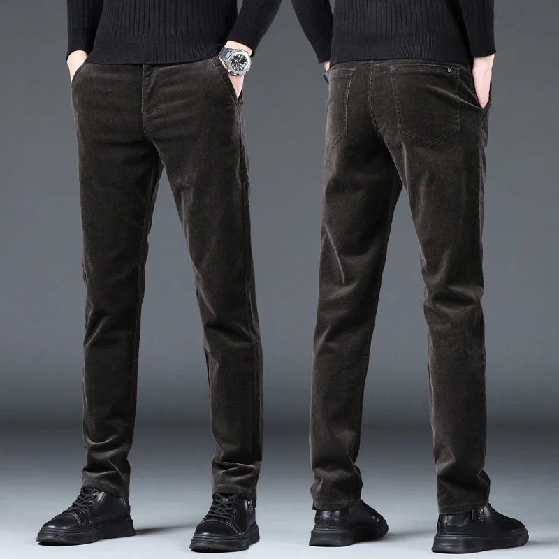 香港秋冬季新款墨绿色灯芯绒裤子男士休闲裤修身直筒弹力商务长裤