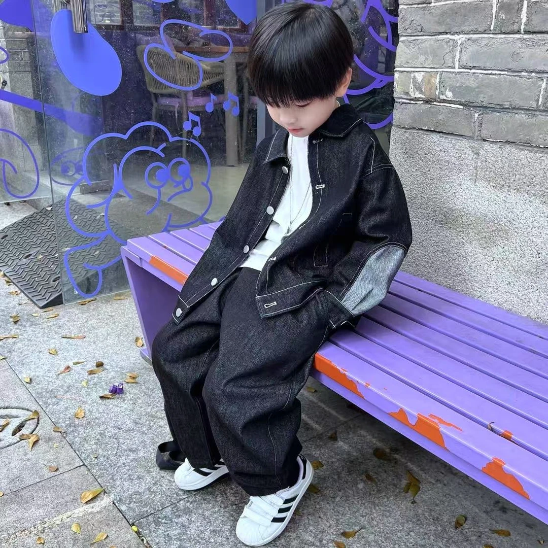 男童春秋休闲牛仔套装2025新款中大童韩版洋气拼接外套弯刀裤童装