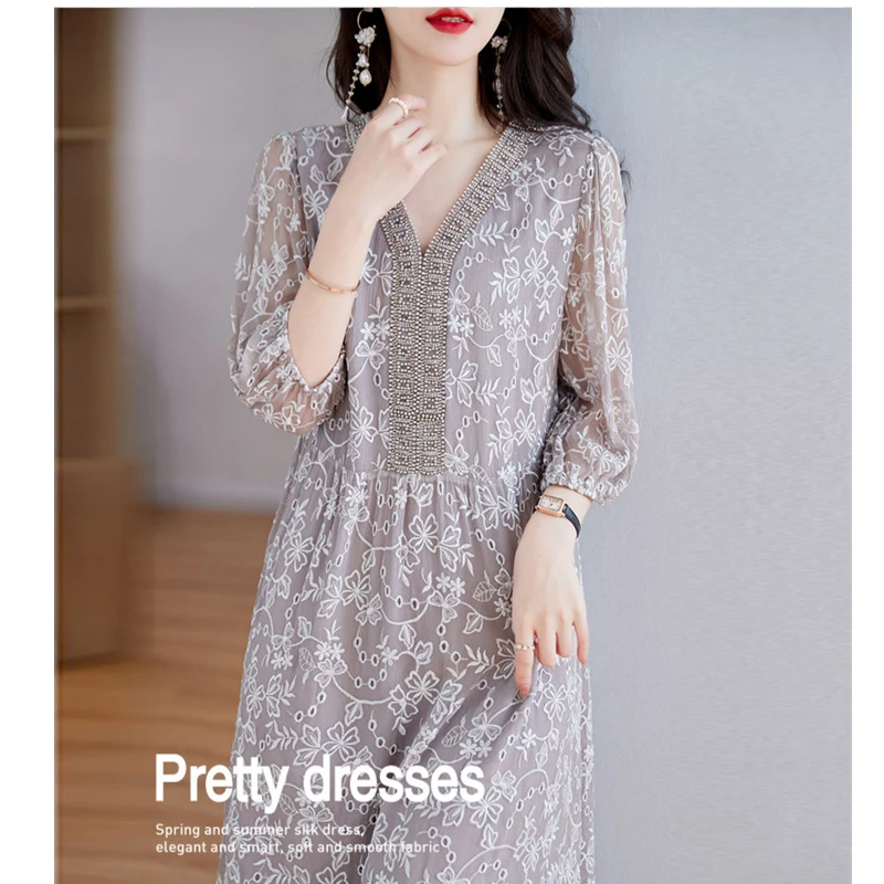 2025新款夏季杭州重工刺绣桑蚕丝连衣裙领女装真丝直筒裙子显瘦